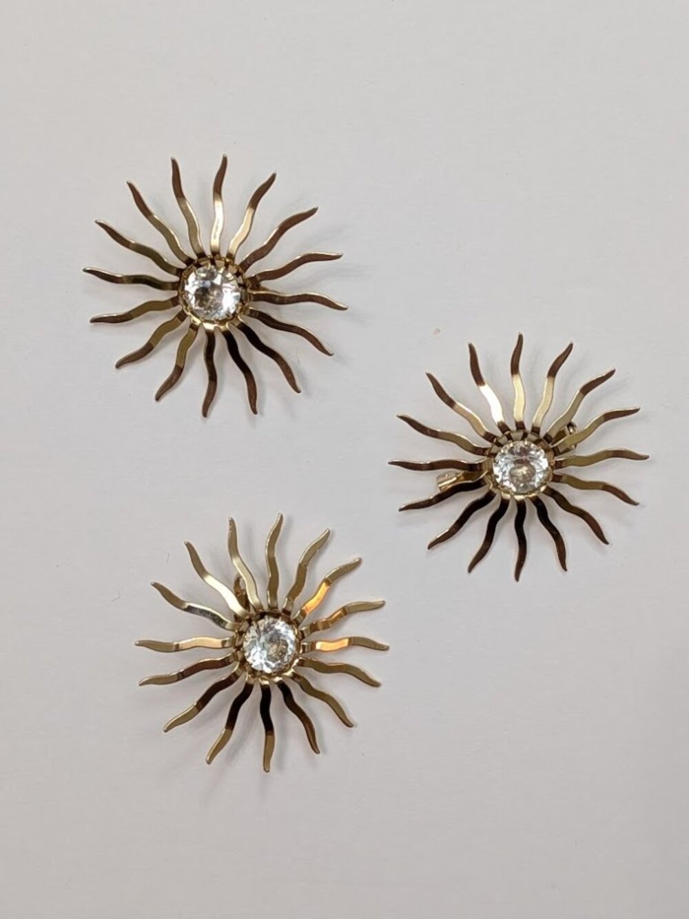 Vintage Sunburst Brooch Pin Set of 3 Gold Tone Rhinestone MCM Atomic